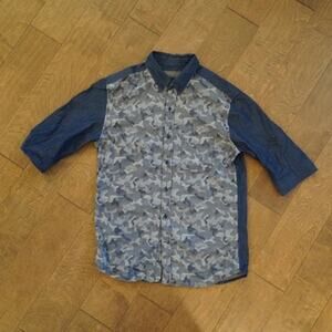 Lowry's Farm 3/4 Sleeve Button Up Camo Shirt Gray Mens Size Medium